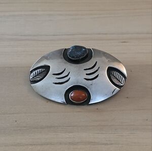 Native American Sterling Brooch with Coral and Turquoise